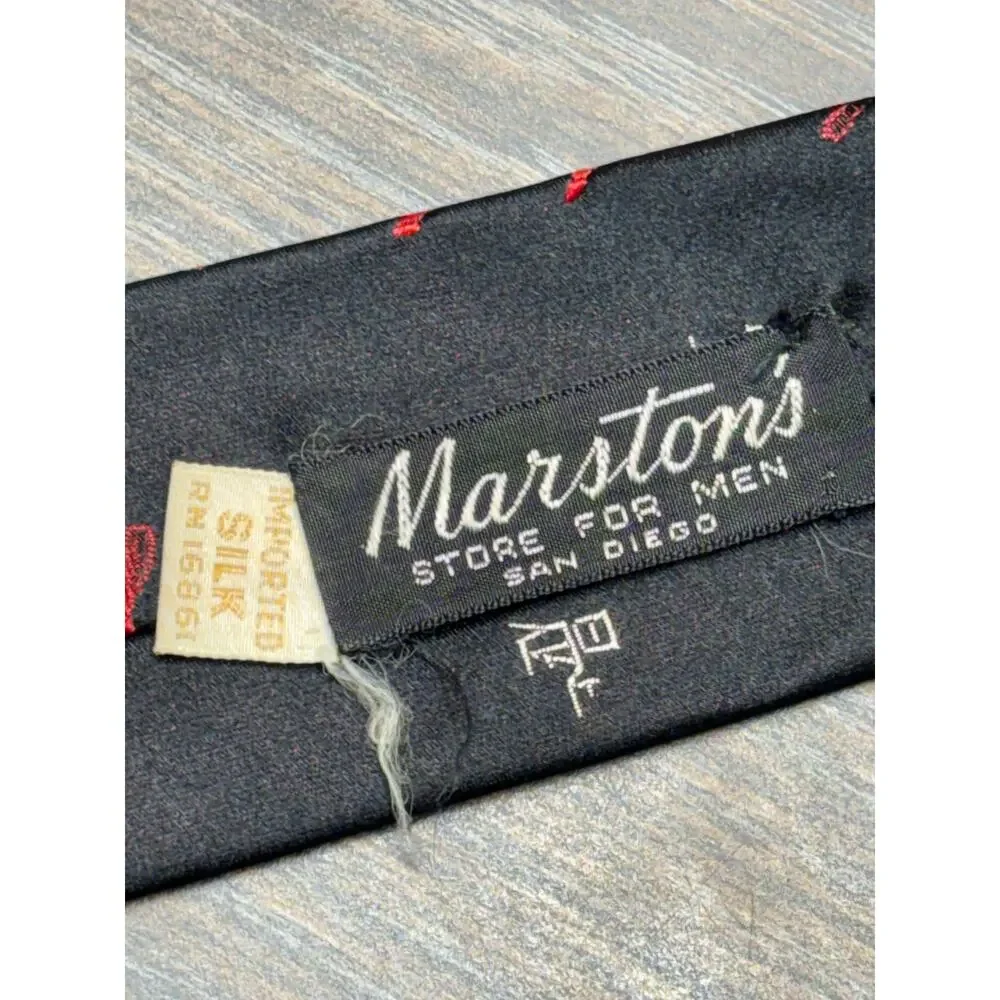 Vintage Marston's Necktie Black Imported Silk Asian Kanji Graphic Japanese
